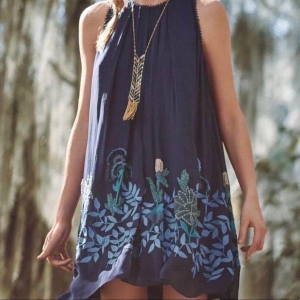 Anthropologie Not So Serious Woodvine navy beaded embroidered dress, size 0